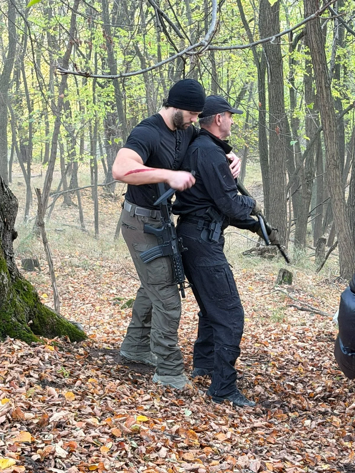 Fight choreography with props on a woodland set