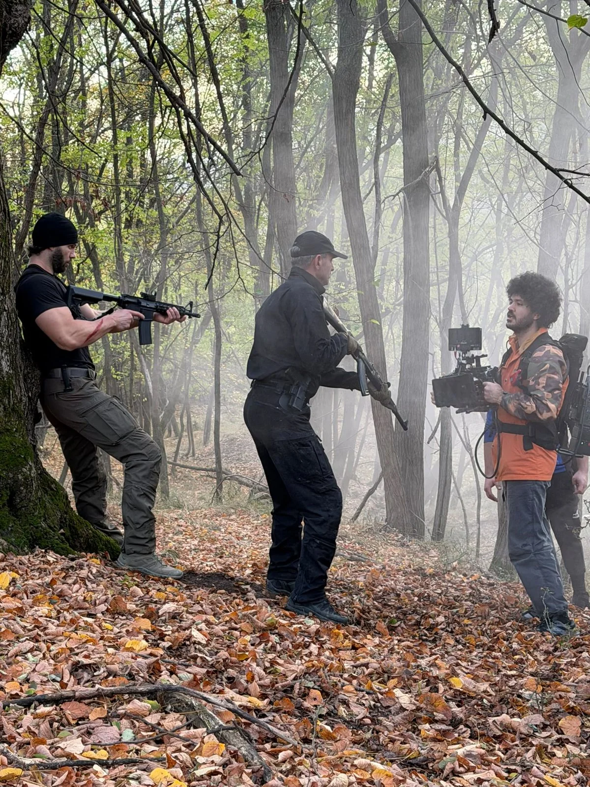 Filming an action scene with the camera crew